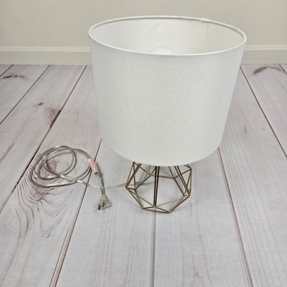 H-Welldone Gold Geometric Triangle Hexagon Caged Table Lamp White Canvas Shade - Picture 2 of 8